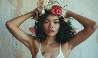ai generiert schön jung Frau im ein Kranz von Blumen auf ihr Kopf foto