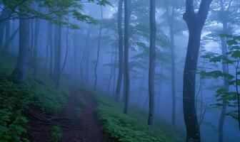 ai generiert mystisch nebelig Wald. nebelig Pfad im das Wald. foto