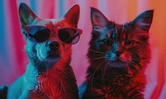 ai generiert Katze und Hund im Sonnenbrille auf ein farbig Hintergrund. Studio Schuss. foto