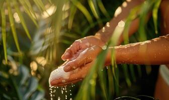 ai generiert Frau Waschen ihr Hände. tropisch Blätter beim Sonnenuntergang. foto