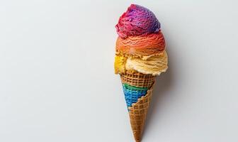 ai generiert regenbogenfarben Eis Sahne Kegel auf Weiß Hintergrund foto