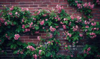 ai generiert schön Orange Rosen im das Garten auf Backstein Mauer Hintergrund mit Kopieren Raum foto