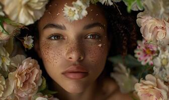 ai generiert Nahansicht Porträt von ein schön jung afrikanisch amerikanisch Frau mit Kranz von Blumen foto