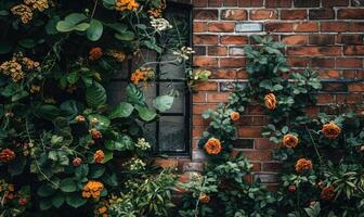 ai generiert Backstein Mauer und Orange Blumen im das Garten. Jahrgang Stil. foto