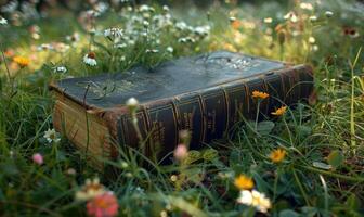 ai generiert alt Buch Lügen auf ein grasig Hügel umgeben durch Wildblumen foto
