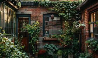 ai generiert Fenster und Backstein Mauer bedeckt mit Blumen foto