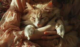 ai generiert schön Ingwer Katze Schlafen auf Frau Hand, Nahansicht foto