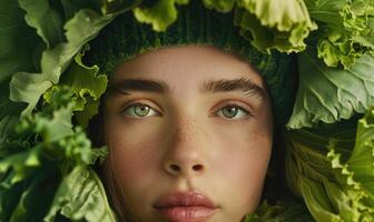 ai generiert schließen oben Porträt von ein jung schön Mädchen mit Grün Augen im ein Hut im Grün Blätter. Ökologie foto