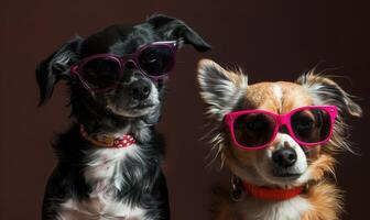 ai generiert zwei süß Hunde tragen Rosa Sonnenbrille auf dunkel Hintergrund, Studio Schuss. foto