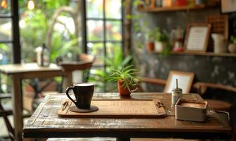 ai generiert Kaffee Tasse auf hölzern Tabelle im Kaffee Geschäft, Lager Foto