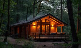 ai generiert Abend glühen leuchten das Fassade von ein stilvoll hölzern Kabine eingebettet unter Blühen Azaleen und Rhododendren im ein Frühling Garten foto