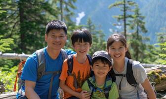 ai generiert glücklich Familie mit ein Kinder im das Berge. ein Mann und ein Frau mit ein Kind im das Berge. foto