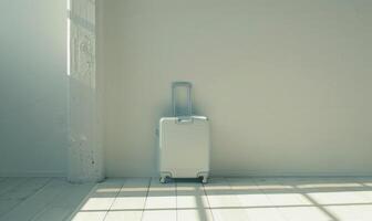 ai generiert Reise Koffer auf Räder im Vorderseite von ein Weiß Mauer mit Schatten. foto