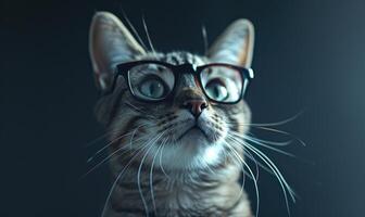 ai generiert Porträt von ein süß Katze mit Brille auf ein dunkel Hintergrund. foto