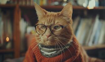 ai generiert süß Ingwer Katze tragen Brille und warm Schal im gemütlich Leben Zimmer mit Bücher auf Hintergrund foto