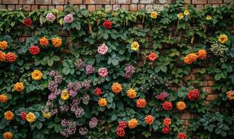 ai generiert bunt Blumen im das Garten mit Backstein Mauer Hintergrund, Lager Foto