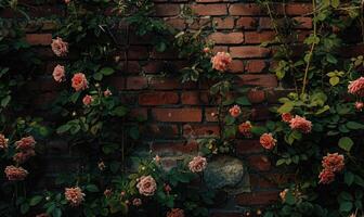 ai generiert schön Rosen auf Backstein Mauer Hintergrund mit Kopieren Raum. foto