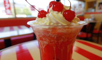 ai generiert Eisbecher gekrönt mit Kirschen und ausgepeitscht Creme, Nahansicht Sicht, selektiv Fokus foto