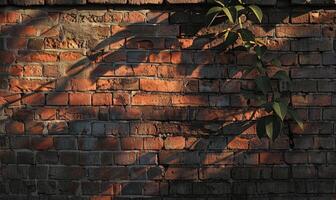 ai generiert das Schatten von das Pflanze auf das alt Backstein Mauer beim Sonnenuntergang. foto