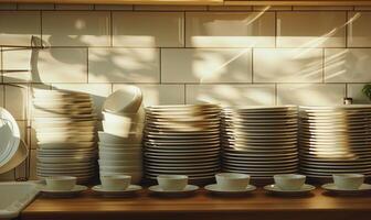 ai generiert Nahansicht von Stapel von sauber Weiß Geschirr im modern Küche. foto