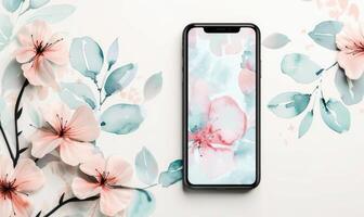 ai generiert Smartphone Attrappe, Lehrmodell, Simulation auf Aquarell Blumen- klappern foto