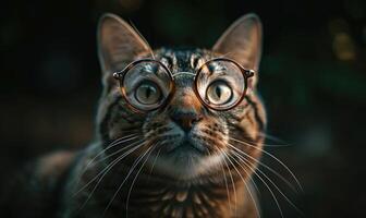 ai generiert Porträt von ein süß Katze mit Brille auf ein dunkel Hintergrund. foto