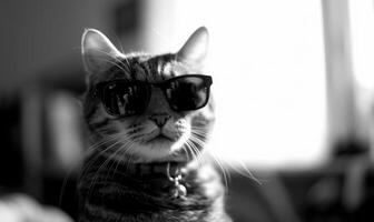 ai generiert schwarz und Weiß Porträt von ein Katze tragen Sonnenbrille. selektiv Fokus. foto