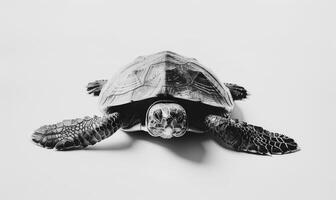 ai generiert schwarz und Weiß Bild von ein Schildkröte auf ein Weiß Hintergrund. foto