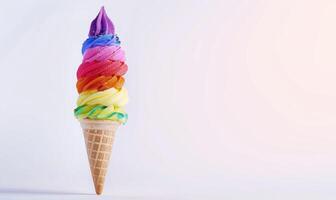 ai generiert regenbogenfarben Eis Sahne Kegel auf Weiß Hintergrund foto