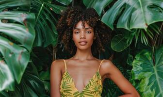 ai generiert schön afrikanisch amerikanisch Frau suchen beim Kamera während posieren unter tropisch Blätter foto
