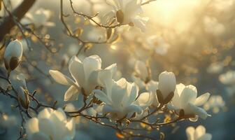 ai generiert Magnolie Blüten beleuchtet durch Sanft Sonnenlicht Filtern durch das Bäume foto