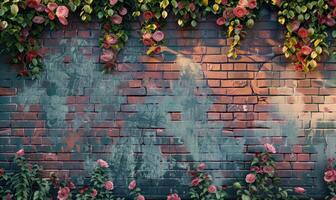 ai generiert alt Backstein Mauer mit Rosa Blumen und Grün Blätter. abstrakt Hintergrund. foto