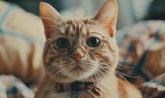 ai generiert süß Ingwer Katze mit Brille beim heim, Nahansicht foto