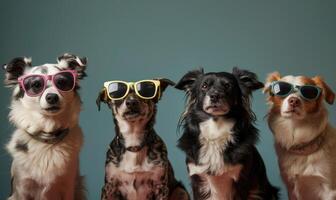 ai generiert Gruppe von Hunde mit Sonnenbrille auf Blau Hintergrund, Studio Schuss. komisch Haustiere foto