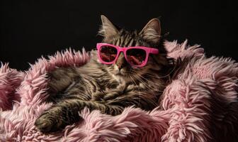 ai generiert süß Katze mit Sonnenbrille Lügen auf ein Sofa im das Zimmer. foto