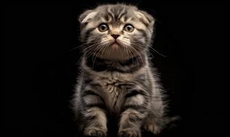ai generiert Porträt von ein schottisch falten Kätzchen auf ein schwarz Hintergrund foto