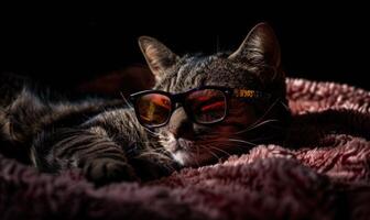 ai generiert Porträt von ein gestreift Katze mit Brille auf ein dunkel Hintergrund. foto
