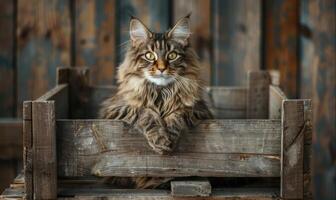 ai generiert Maine Waschbär Katze Sitzung stolz oben auf ein rustikal hölzern Kiste foto
