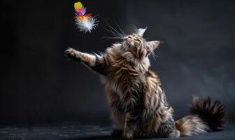 ai generiert Maine Waschbär Katze spielerisch Schlagen beim ein Feder Spielzeug im ein Studio Konfiguration foto