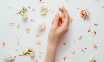 ai generiert Frau Hand auf Weiß Hintergrund mit Blume Blütenblätter um foto