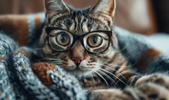 ai generiert süß Tabby Katze im Brille und Schal Lügen auf Sofa beim Zuhause foto