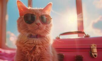 ai generiert süß Ingwer Katze im Sonnenbrille Sitzung auf ein Koffer und suchen beim das Sonne foto
