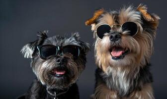 ai generiert zwei Yorkshire Terrier Hunde mit Sonnenbrille auf schwarz Hintergrund, Studio Schuss foto