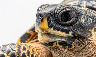 ai generiert schließen oben von ein rotbauchig Schildkröte auf Weiß Hintergrund foto