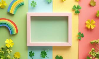 ai generiert glücklich st. Patrick's Tag Hintergrund mit Kleeblatt, Rahmen und Regenbogen foto