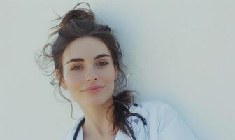 ai generiert Porträt von ein schön jung Frau Arzt mit ein Stethoskop foto
