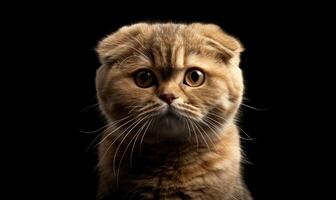 ai generiert Porträt von schottisch falten Katze suchen beim Kamera auf schwarz Hintergrund foto