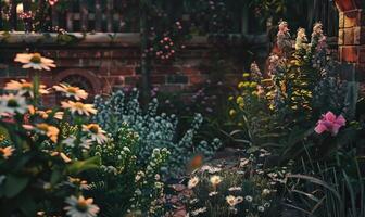 ai generiert schön Sommer- Garten mit Blumen und Pflanzen im Vorderseite von ein Backstein Mauer foto