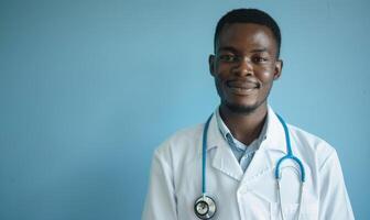 ai generiert afrikanisch amerikanisch männlich Arzt Porträt mit Stethoskop auf Blau Hintergrund foto