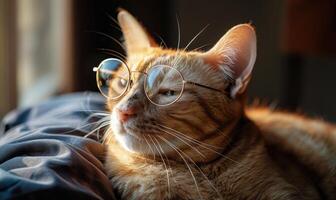 ai generiert süß Ingwer Katze tragen Brille. Porträt von ein Katze. foto